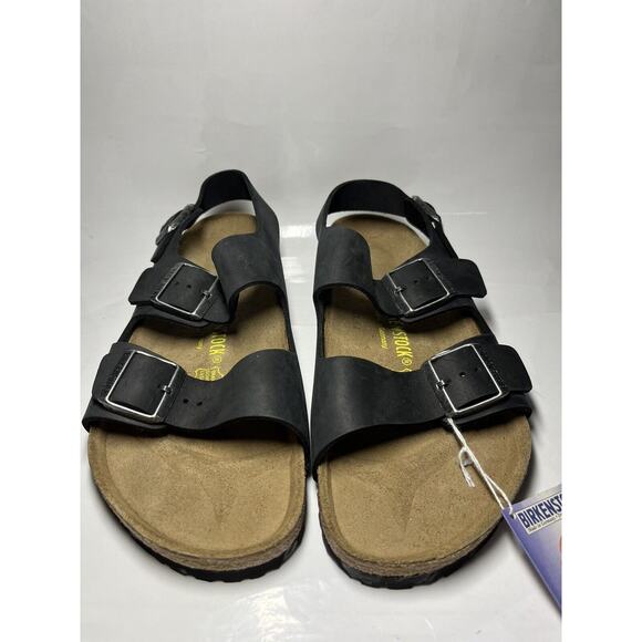VINTAGE ORIGINAL FOOTBED Birkenstock Milano BLACK OILED LEATHER Sandals SZ 42 - Picture 1 of 16